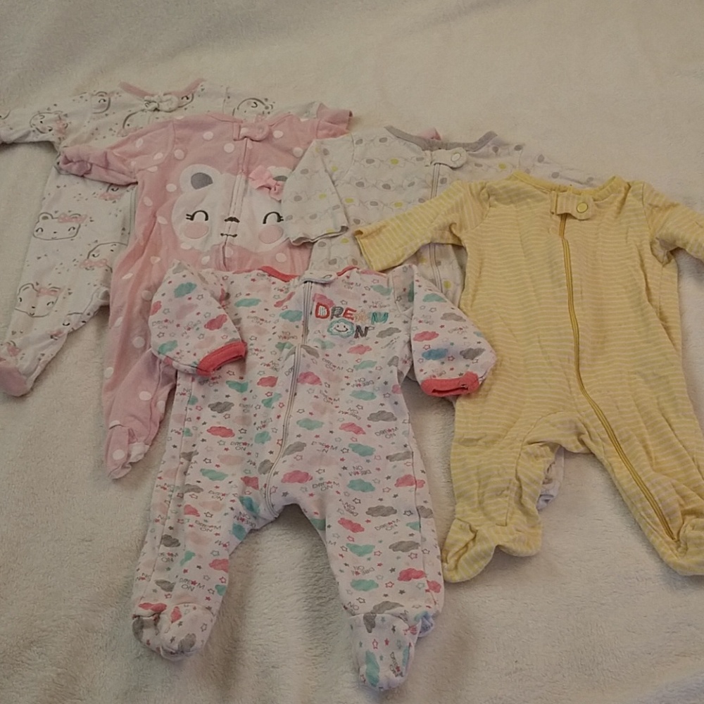 Set of 5 Footie Pajamas, Size 0-3 Months